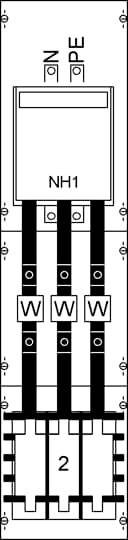 Schaltplan mit drei parallel verlaufenden Leitungen, markiert mit 'W', die zu einem Kasten führen. Oben sind Anschlüsse N, PE.