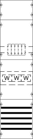 Sechs horizontale Felder, das erste, zweite und fünfte leer, das dritte mit gestrichelten Quadraten, das vierte mit 'WIIW', das sechste mit dicken Linien.