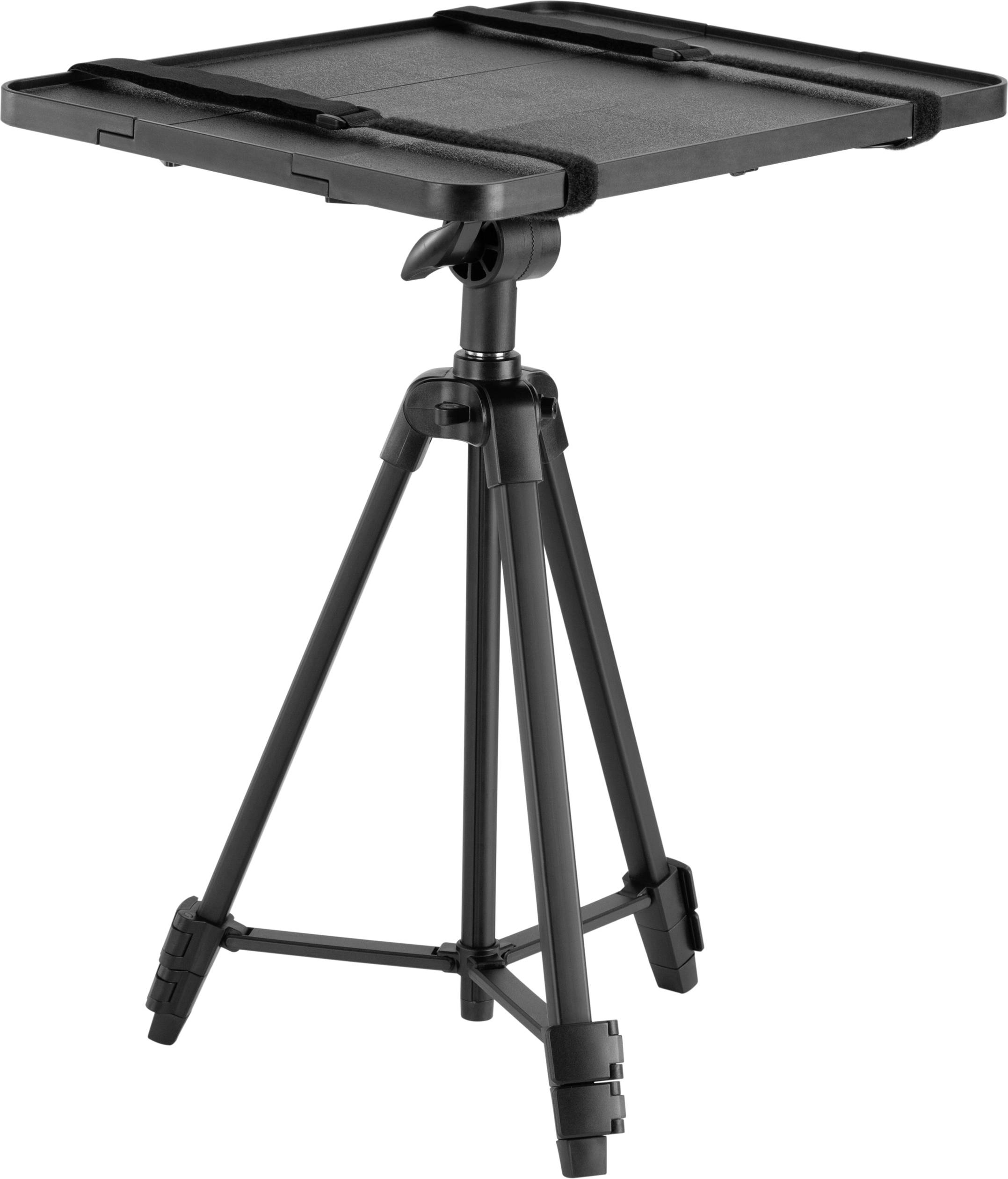 Ein tragbares schwarzes Stativ mit einer rechteckigen Plattform oben, geeignet für Projektoren oder Laptops.