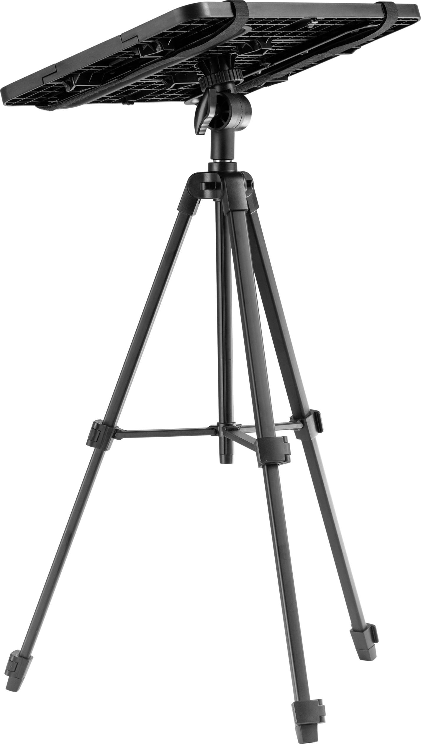 Ein schwarzes Dreibein-Stativ mit verstellbarer Höhe und einer Tischplatte oben, die zur Unterstützung von Geräten oder Objekten dient.