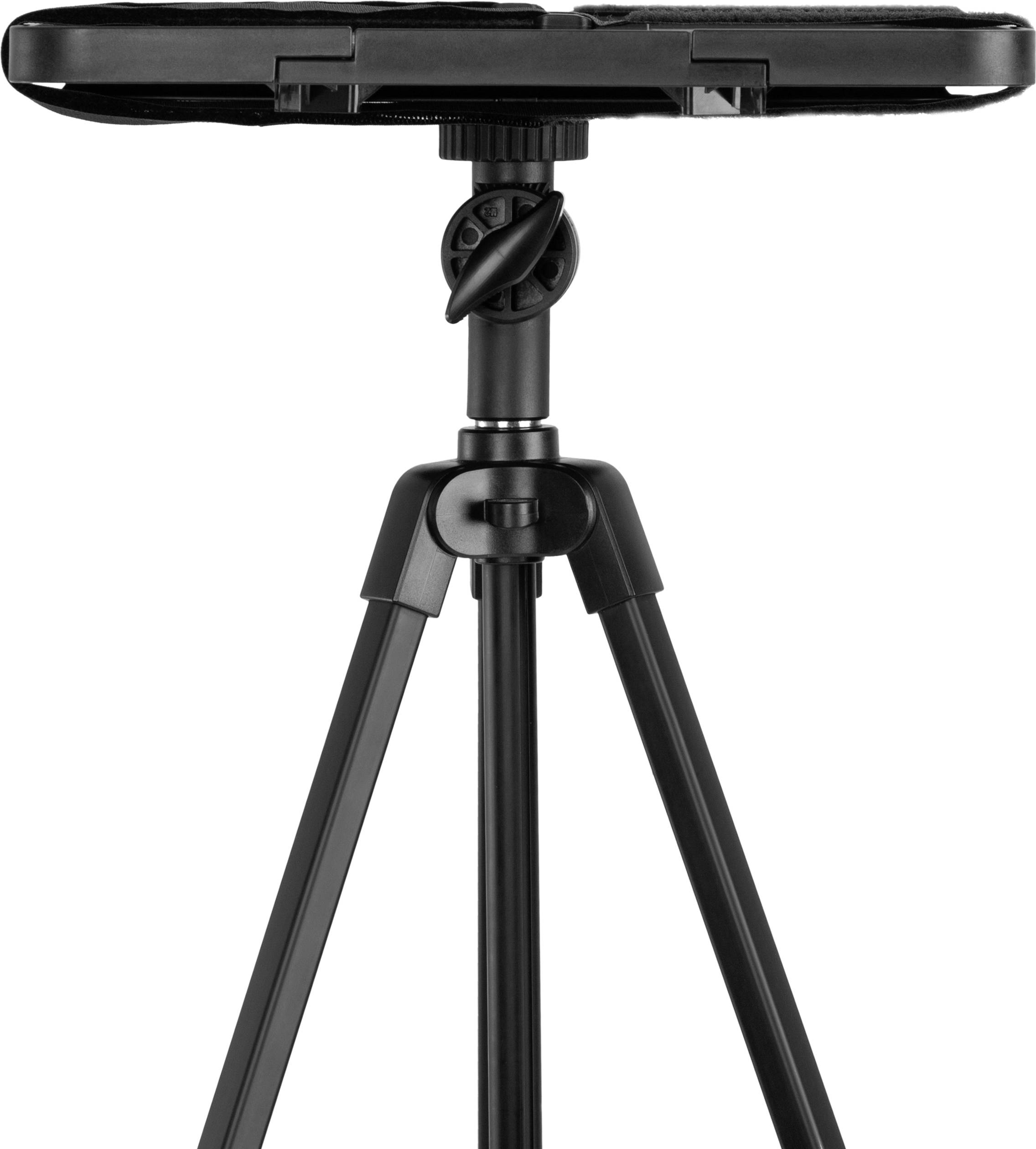 Ein schwarzes Stativ mit verstellbarem Kopf, geeignet für Kameras oder Projektoren. Klappbarer Standfuß für Stabilität auf verschiedenen Oberflächen.