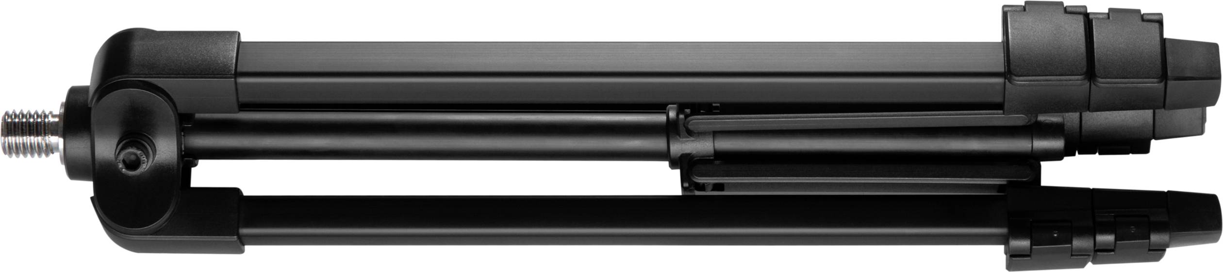 Zusammengefaltetes schwarzes Stativ mit kompaktem Design, geeignet für einfachen Transport und Lagerung in kleinen Räumen.