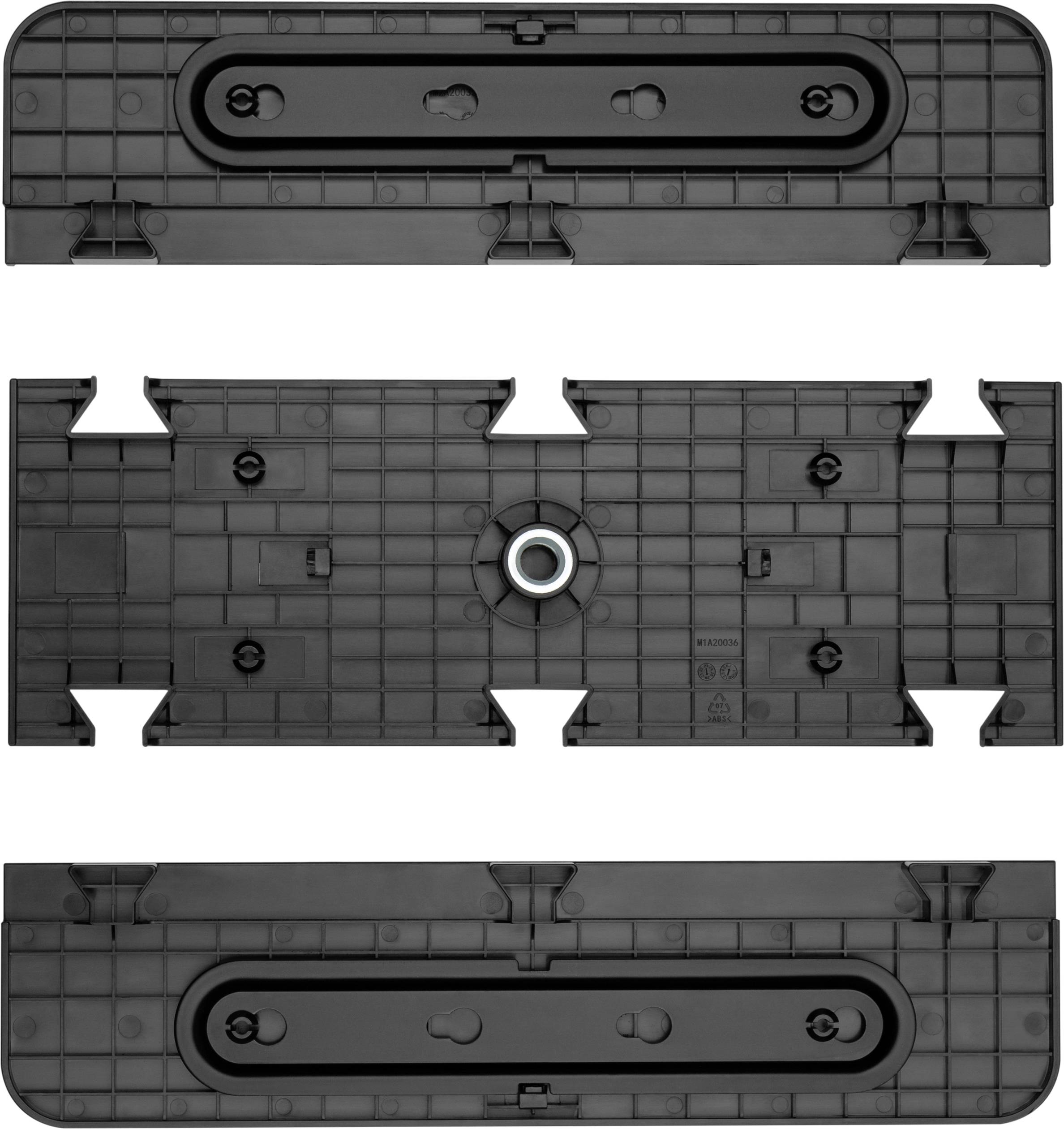 Drei schwarz-graue Kunststoffsockel mit rechteckigen Vertiefungen und kreisförmigen Bohrungen, vermutlich für Montagen oder Installationen.