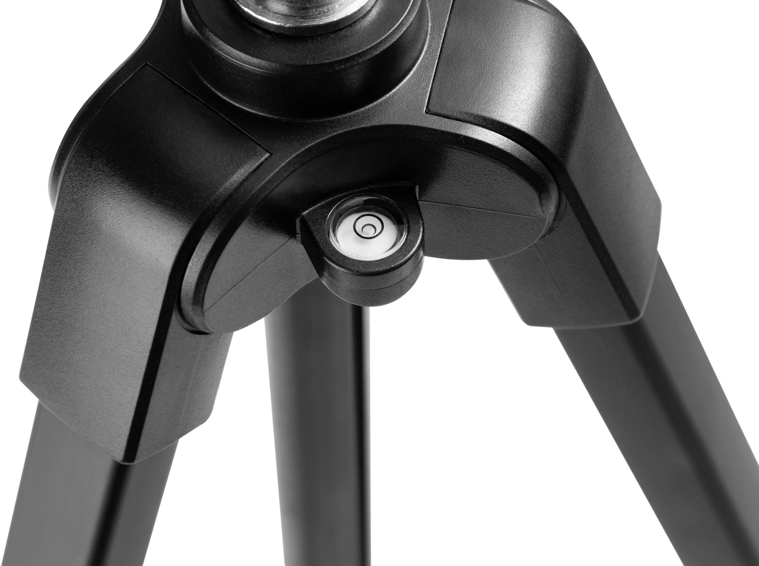 Ein schwarzes Stativ mit einem zentralen Gelenk und drei sich spreizenden Beinen, das für Stabilität von Kameras oder Instrumenten sorgt.