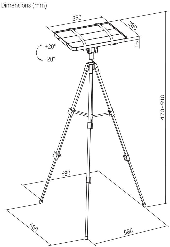 Technische Zeichnung eines verstellbaren Stativständers mit Maßen. Höhe 470–910 mm, Breite 380 mm, Tiefe 280 mm, Neigung ±20°.