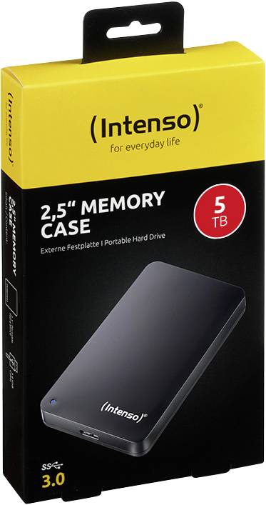 Externe Festplatte 2,5 Zoll von Intenso, 5 Terabyte Kapazität, USB 3.0, schwarze Tragetasche, Verpackung in gelb und schwarz.