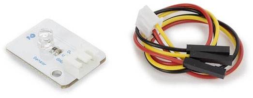 Elektronikmodul mit Sensor und dreiadrigem Kabel in Rot, Schwarz und Gelb.