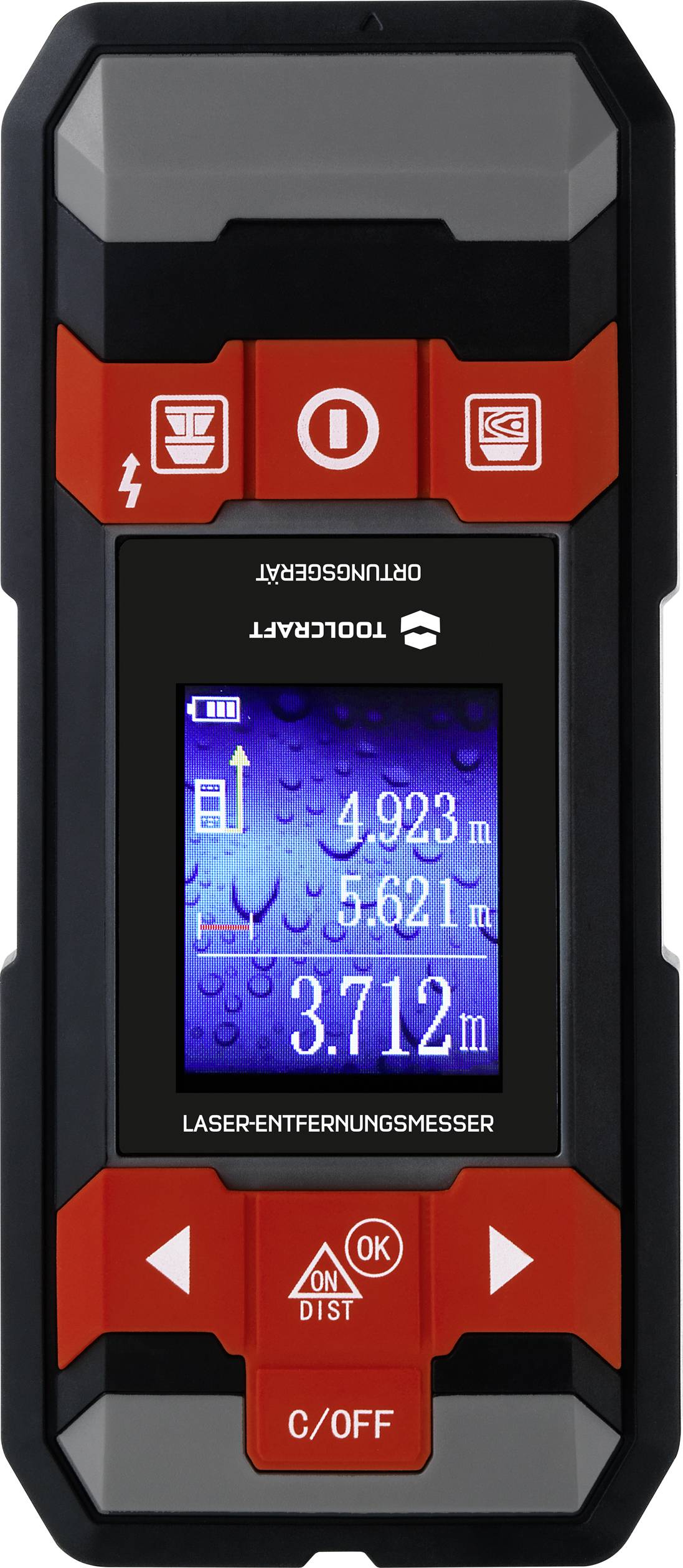 Elektronisches Laser-Entfernungsmessgerät mit beleuchtetem Display und Messwerten, darunter '4,923 m', '5,621 m' und '3,712 m'.