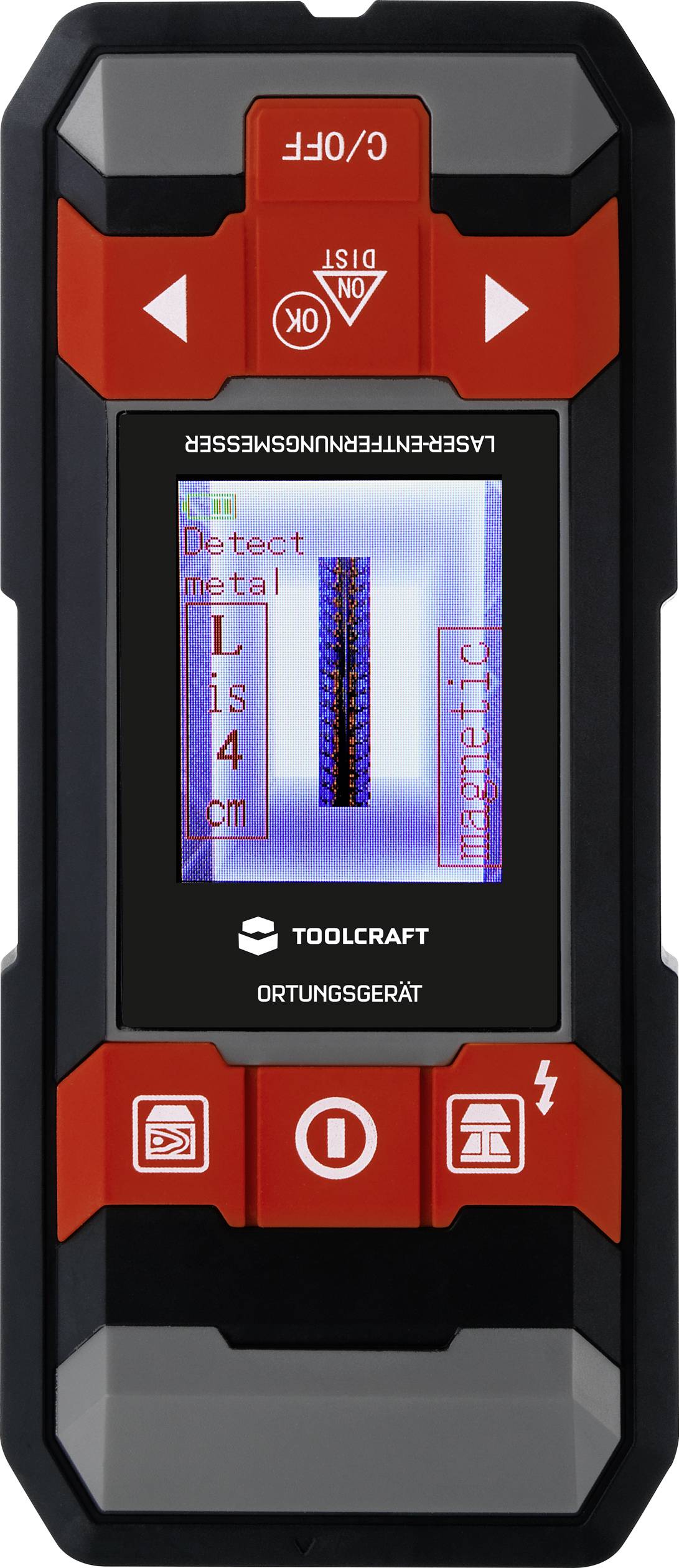 TOOLCRAFT Ortungsgerät inkl. Laser-Entfernungsmesser LDM D30 TO-6994572 Geeignet für nicht eisenhaltiges Metall