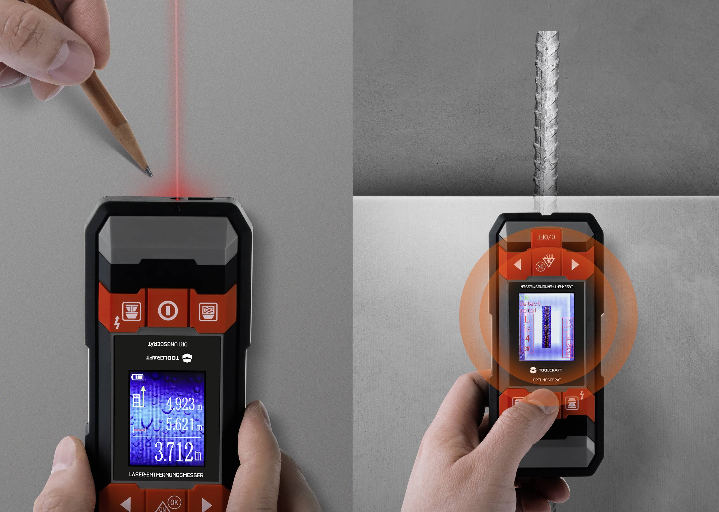 TOOLCRAFT Ortungsgerät inkl. Laser-Entfernungsmesser LDM D30 TO-6994572 Geeignet für nicht eisenhaltiges Metall