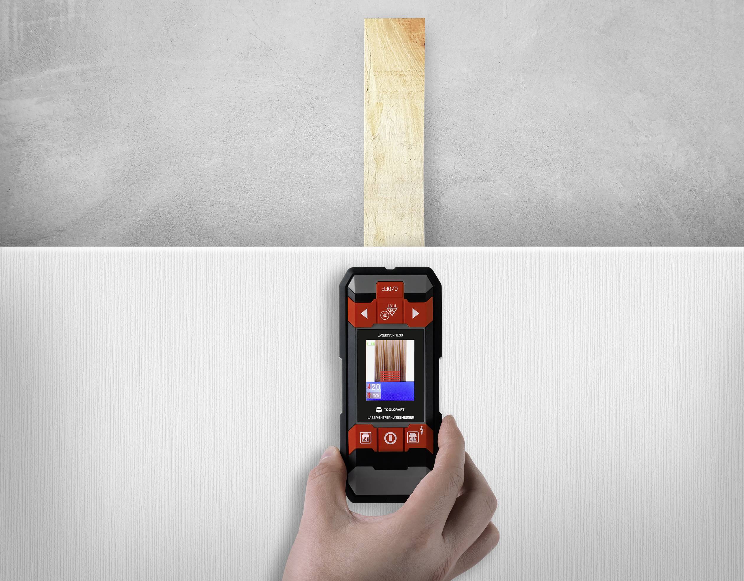 TOOLCRAFT Ortungsgerät inkl. Laser-Entfernungsmesser LDM D30 TO-6994572 Geeignet für nicht eisenhaltiges Metall