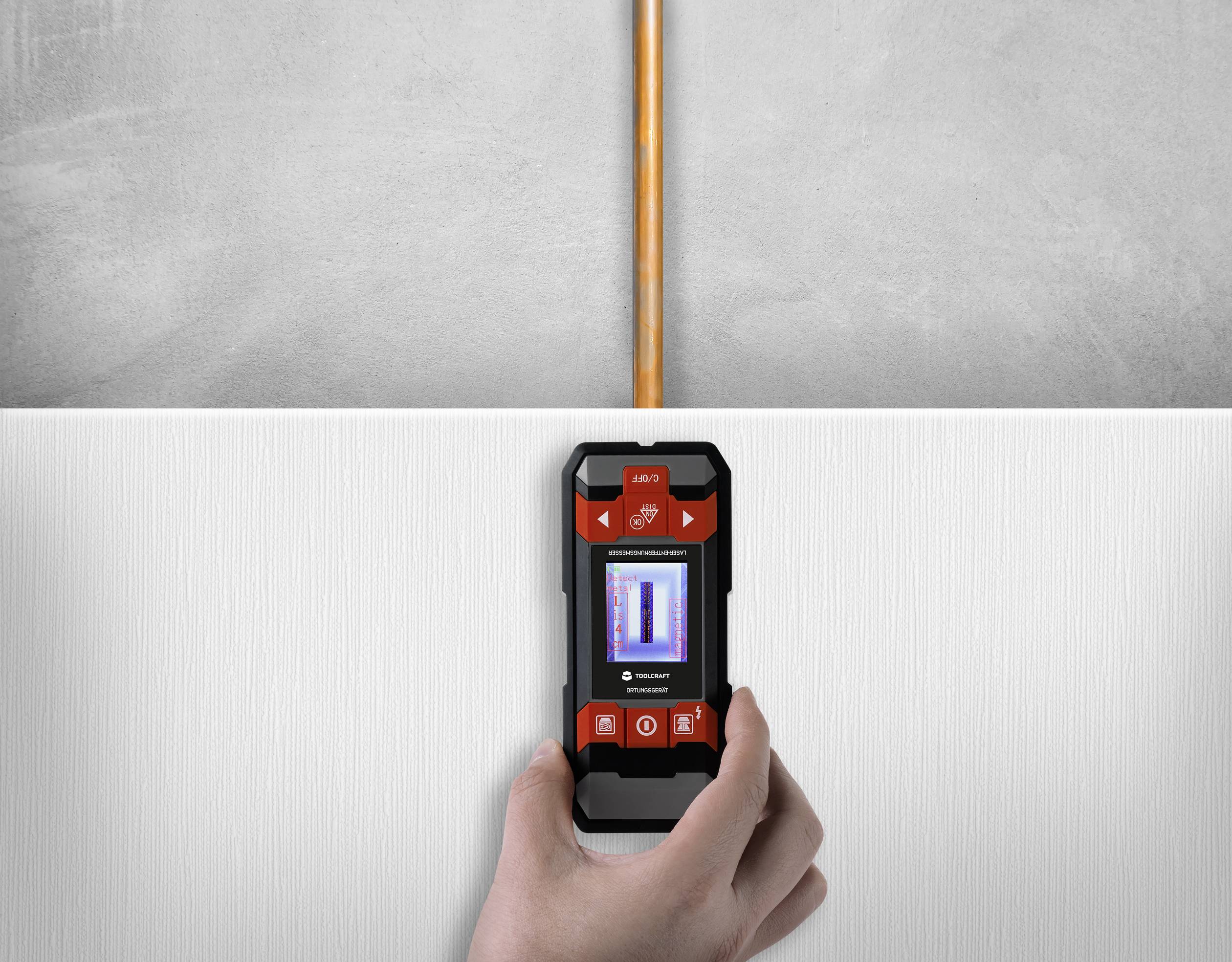 TOOLCRAFT Ortungsgerät inkl. Laser-Entfernungsmesser LDM D30 TO-6994572 Geeignet für nicht eisenhaltiges Metall