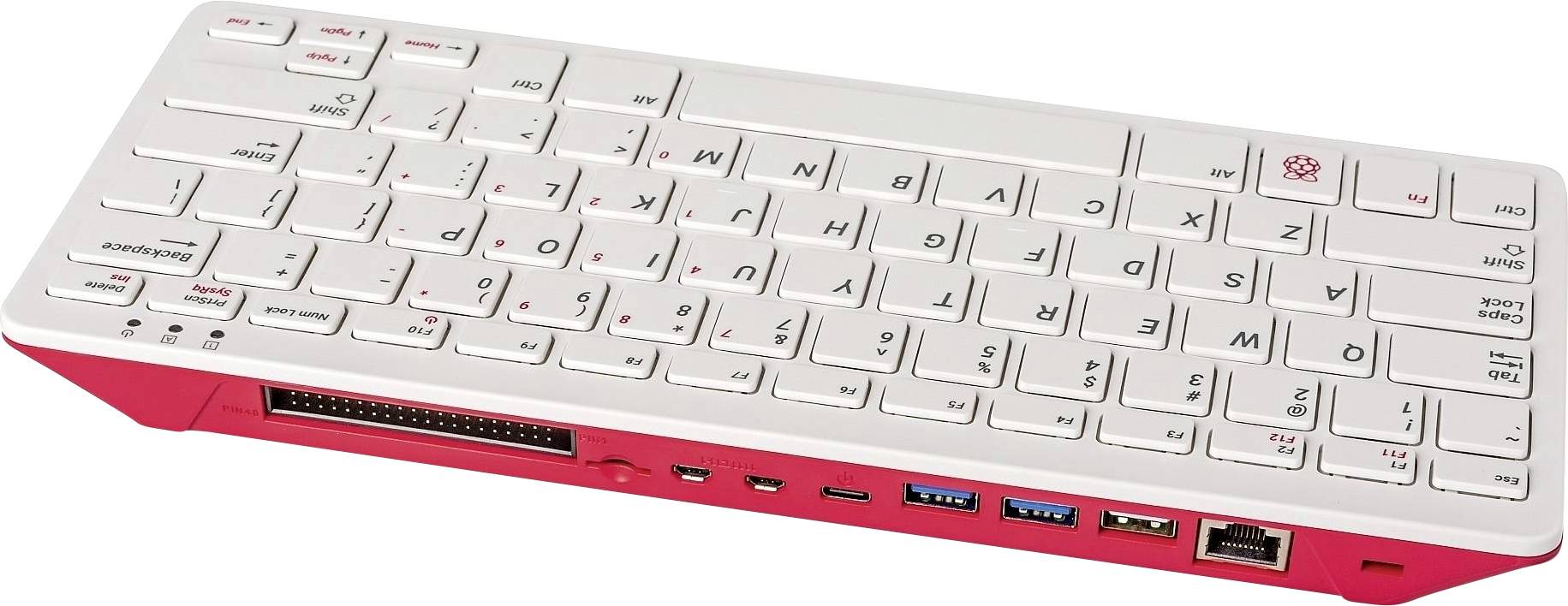 Raspberry Pi 400: Eine kompakte Tastatur mit integriertem Computer. Enthält Anschlüsse für USB, HDMI und Ethernet. Geeignet für Bildungszwecke.
