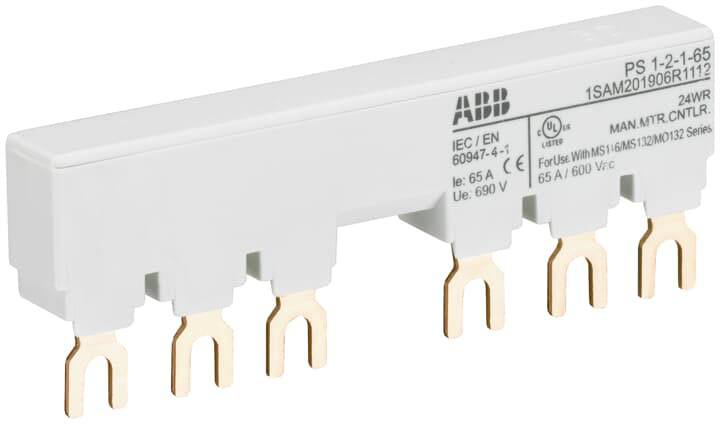 Vierpolige Messerkontakt-Schiene von ABB, Model PS1-2-1-65, für industrielle elektrische Schaltsysteme, zeigt technische Spezifikationen.
