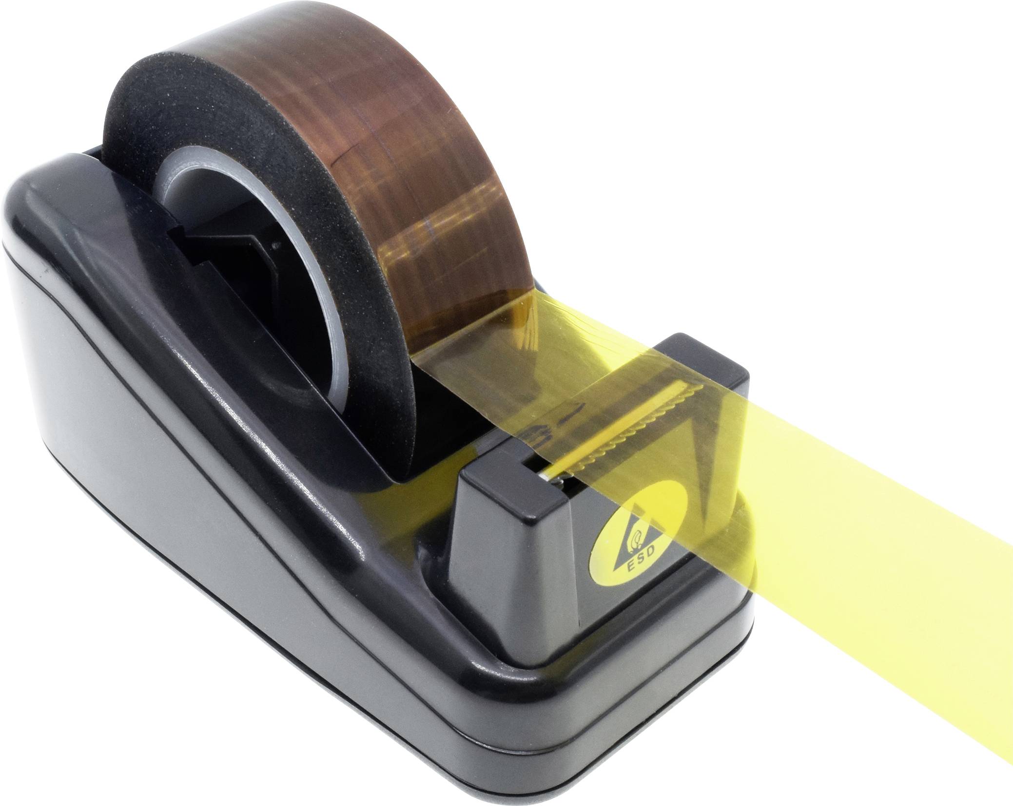 Ein Klebebandspender mit braunem Klebeband auf einer Metallrolle, zieht ein gelbes Tape-Stück heraus, bereit zur Verwendung.