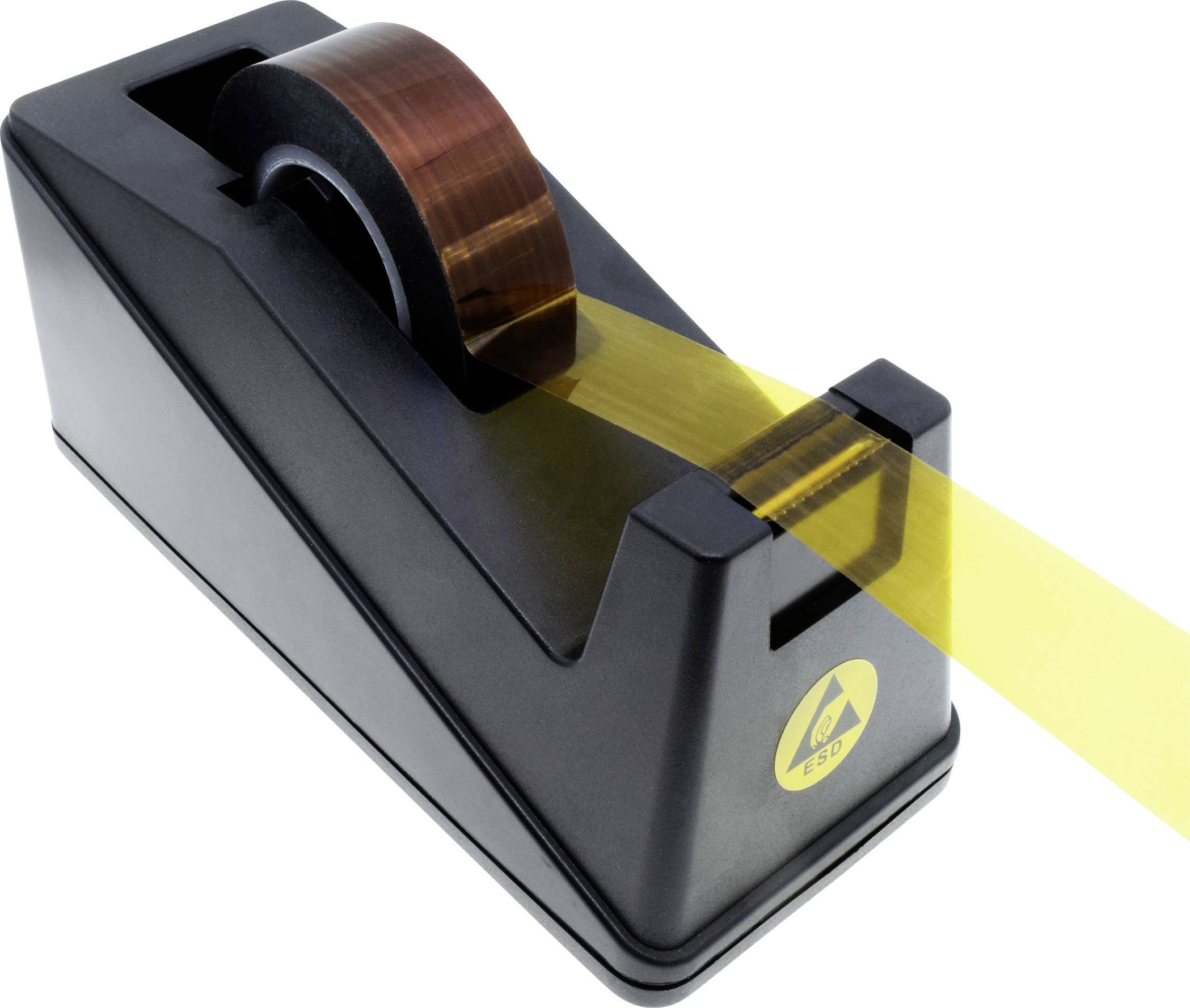 Ein schwarzer Klebebandabroller mit gelbem Antistatikband. Das ESD-Symbol zeigt, dass er elektrostatisch entladendes Material hält.