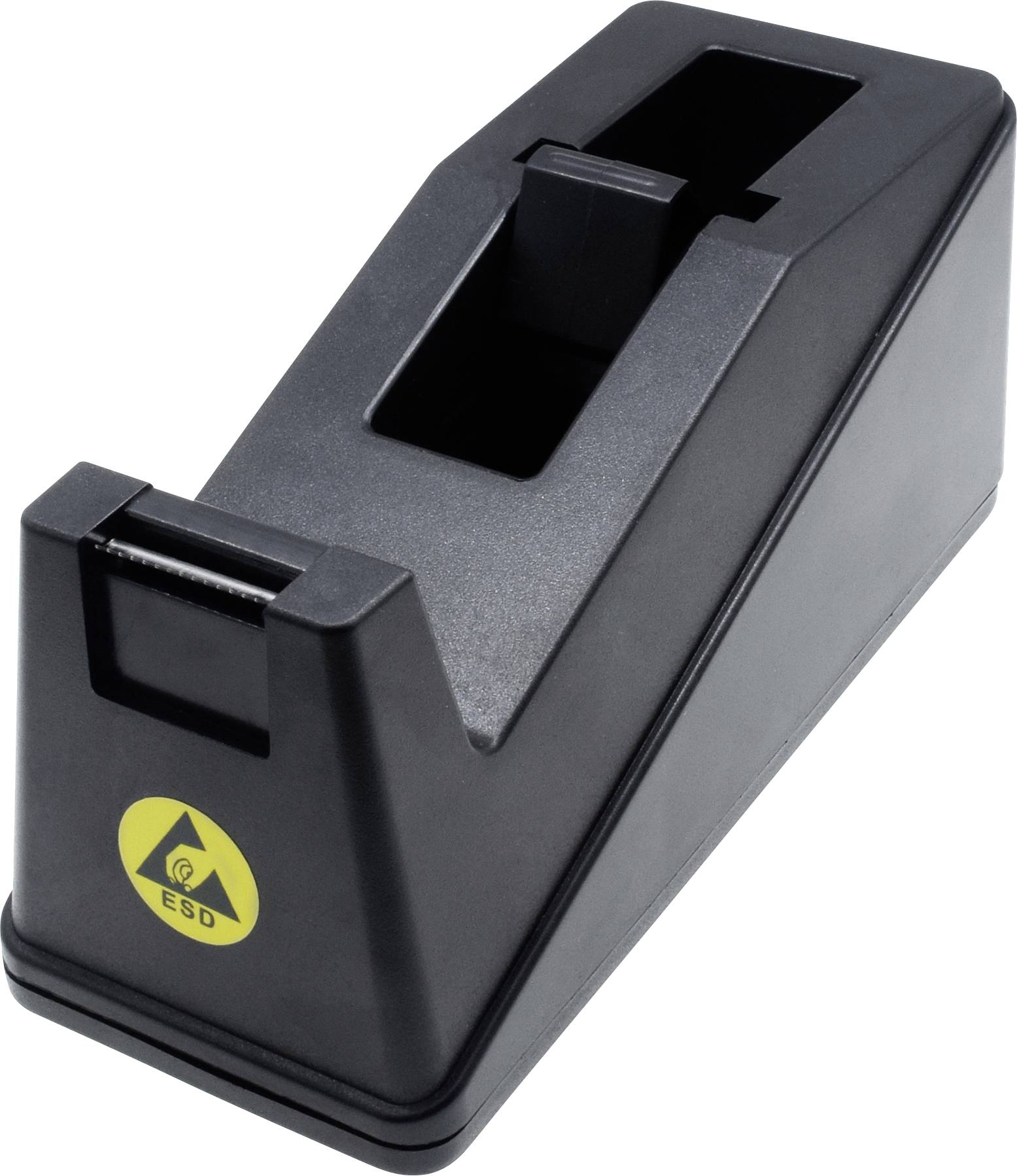 Schwarzer Abroller für Klebeband mit ESD-Symbol, zeigt Kompatibilität mit elektrostatisch sensiblen Umgebungen.