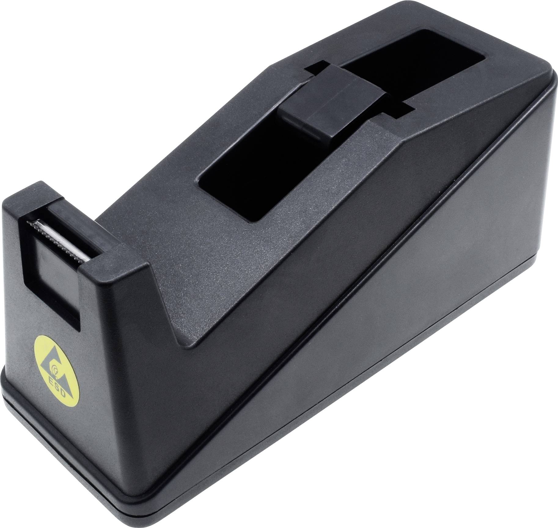 Ein schwarzer Klebebandabroller aus Kunststoff mit einem gelben Warnsymbol an der Seite.