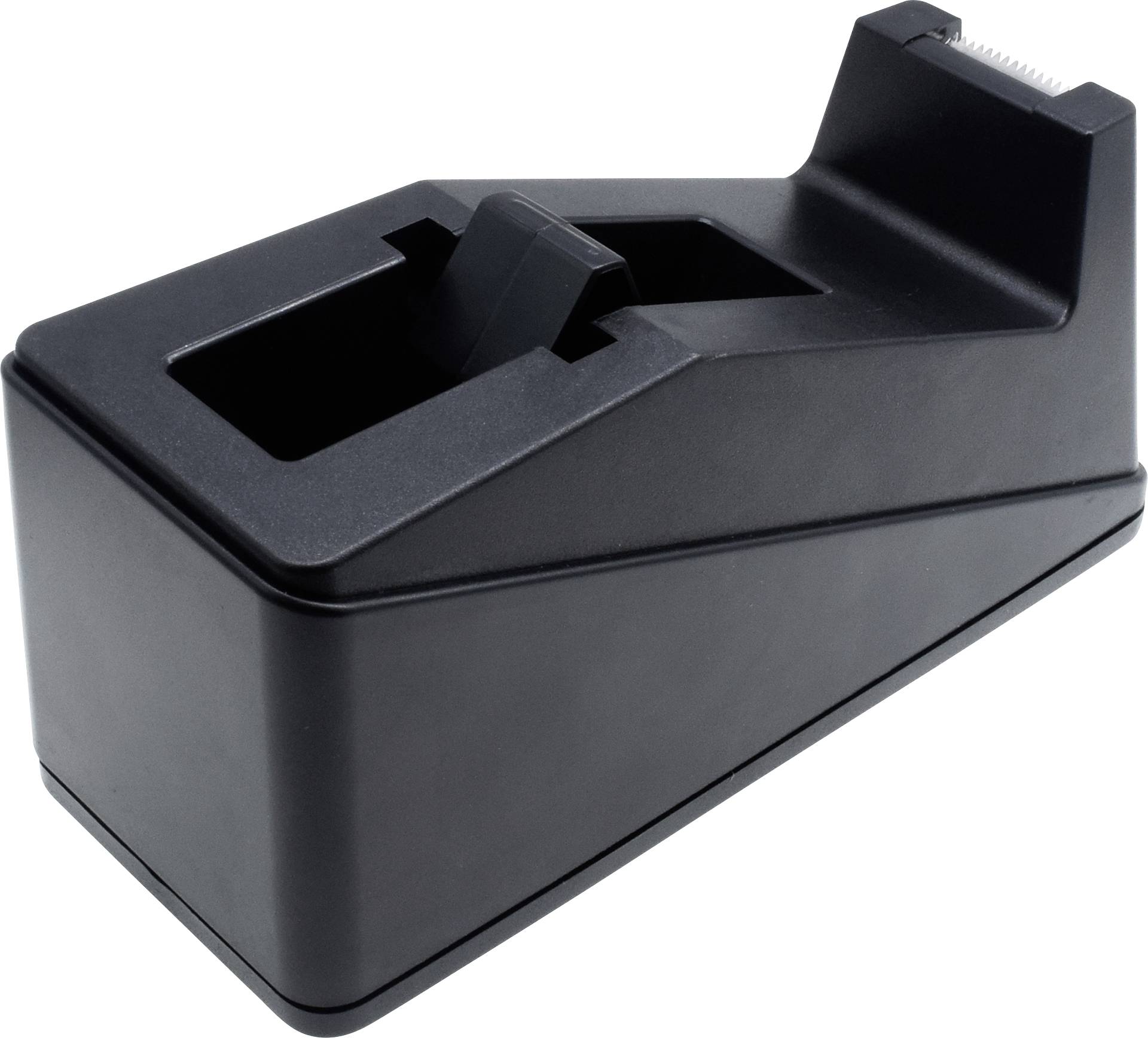 Schwarzer Klebebandabroller mit integriertem Schneidemesser, auf einer weißen Fläche stehend.