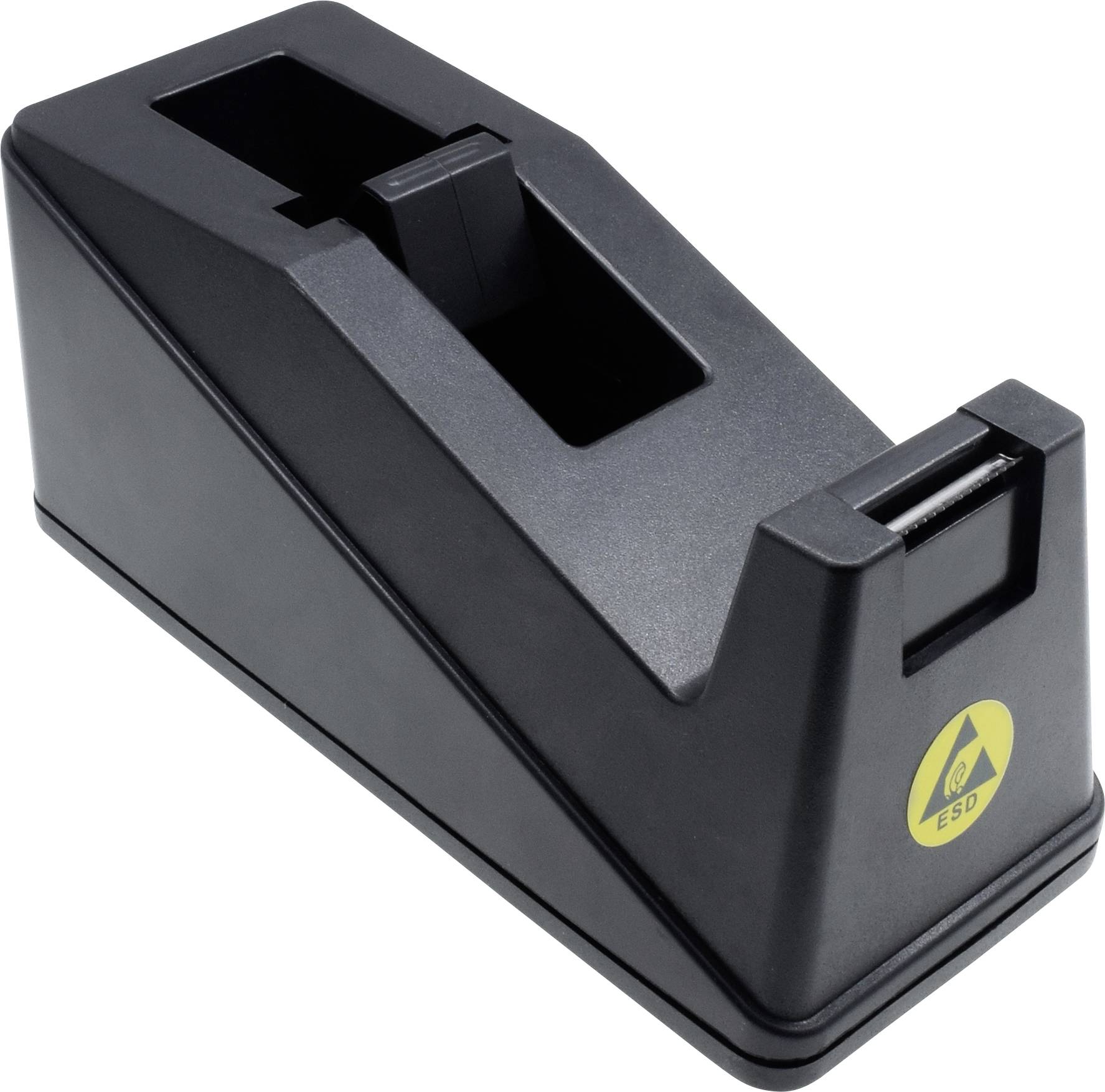 Schwarzer Tischabroller für Klebeband mit ESD-Schutzsymbol. Kompakt, stabil, geeignet für Elektrotechnik-Arbeitsplätze.