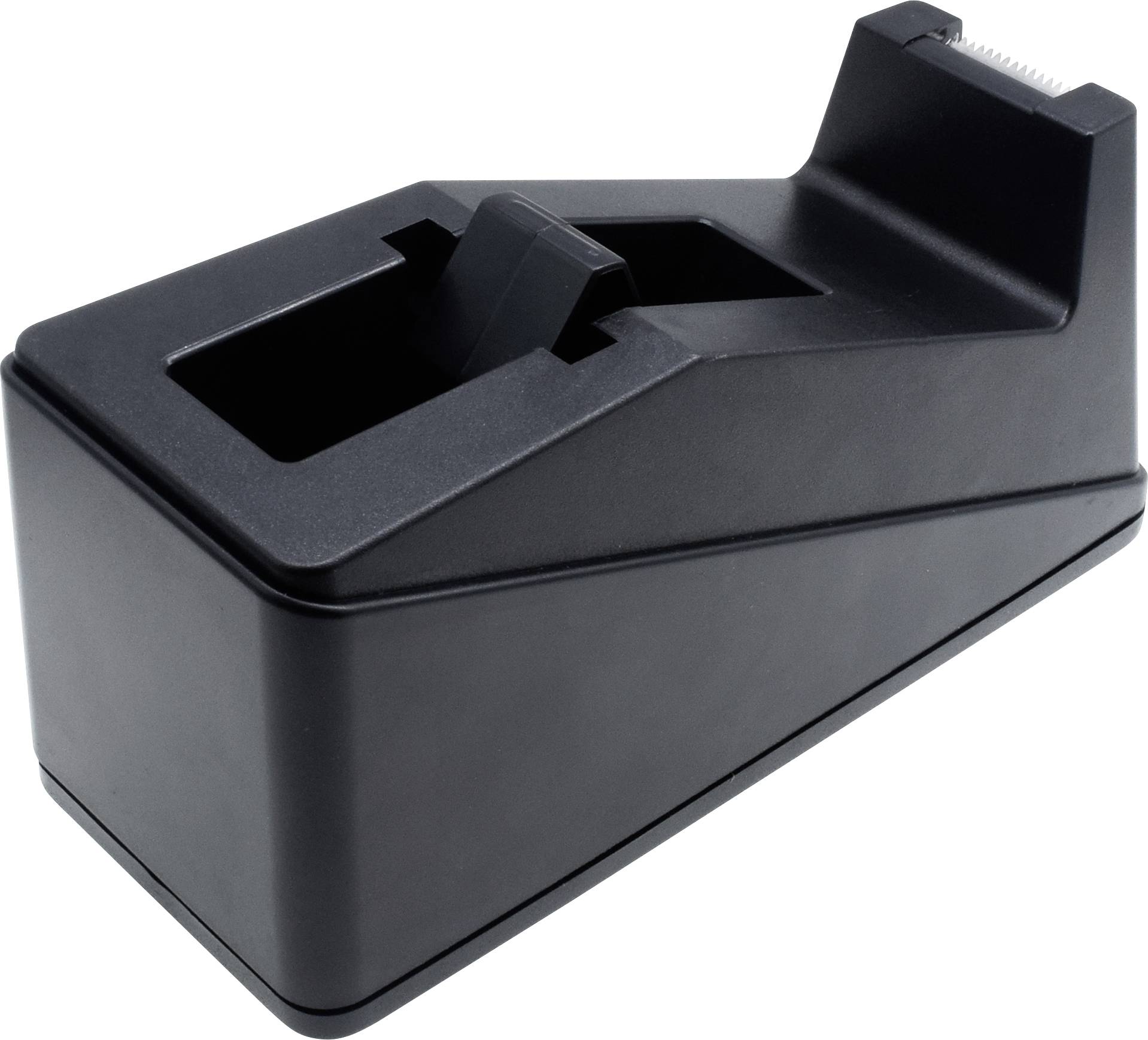 Ein schwarzer Klebebandabroller mit einem integrierten Messer zum Schneiden des Klebebands.