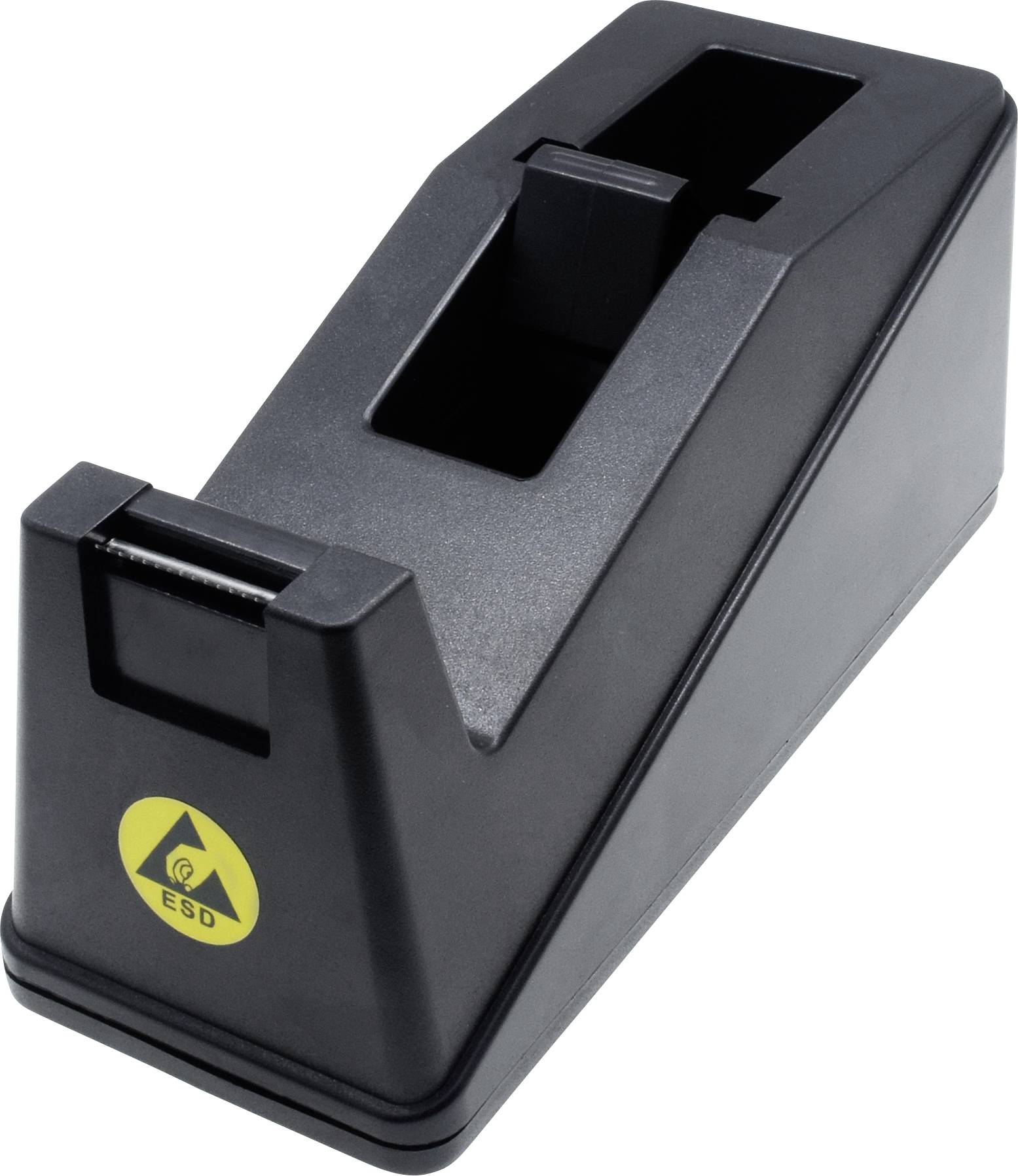 Ein schwarzer Tischabroller für Klebeband mit ESD-Symbol auf der Vorderseite, das elektrostatische Entladung verhindert.