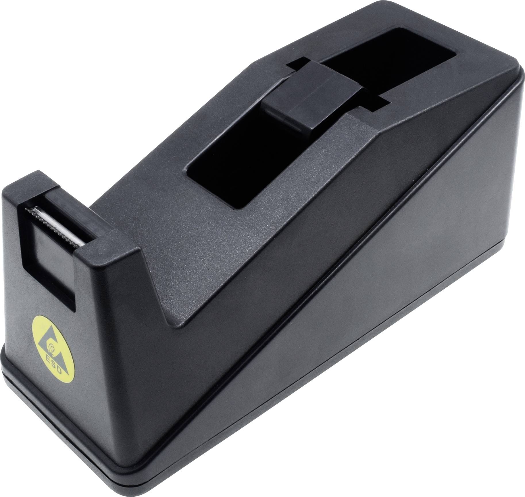 Ein schwarzer Klebebandabroller mit einem gelben ESD-Symbol an der Seite, auf einem weißen Hintergrund.