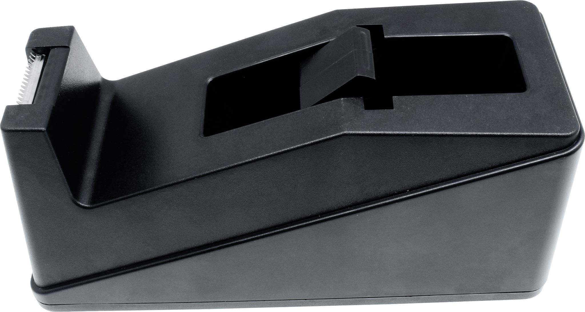 Schwarz-grauer Tischabroller für Klebeband, diagonal aufgenommen. Klares, funktionales Design für Bürobedarf.