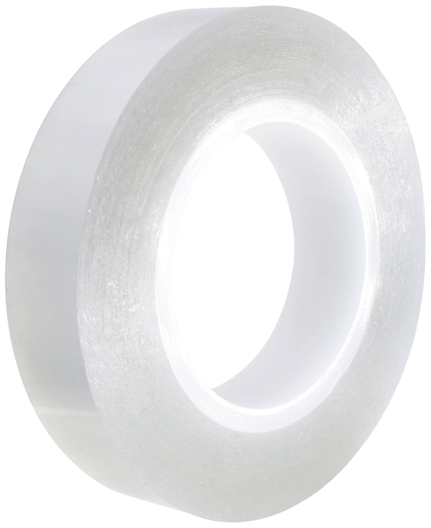 Durchsichtige Klebebandrolle, glänzend, auf weißem Hintergrund.