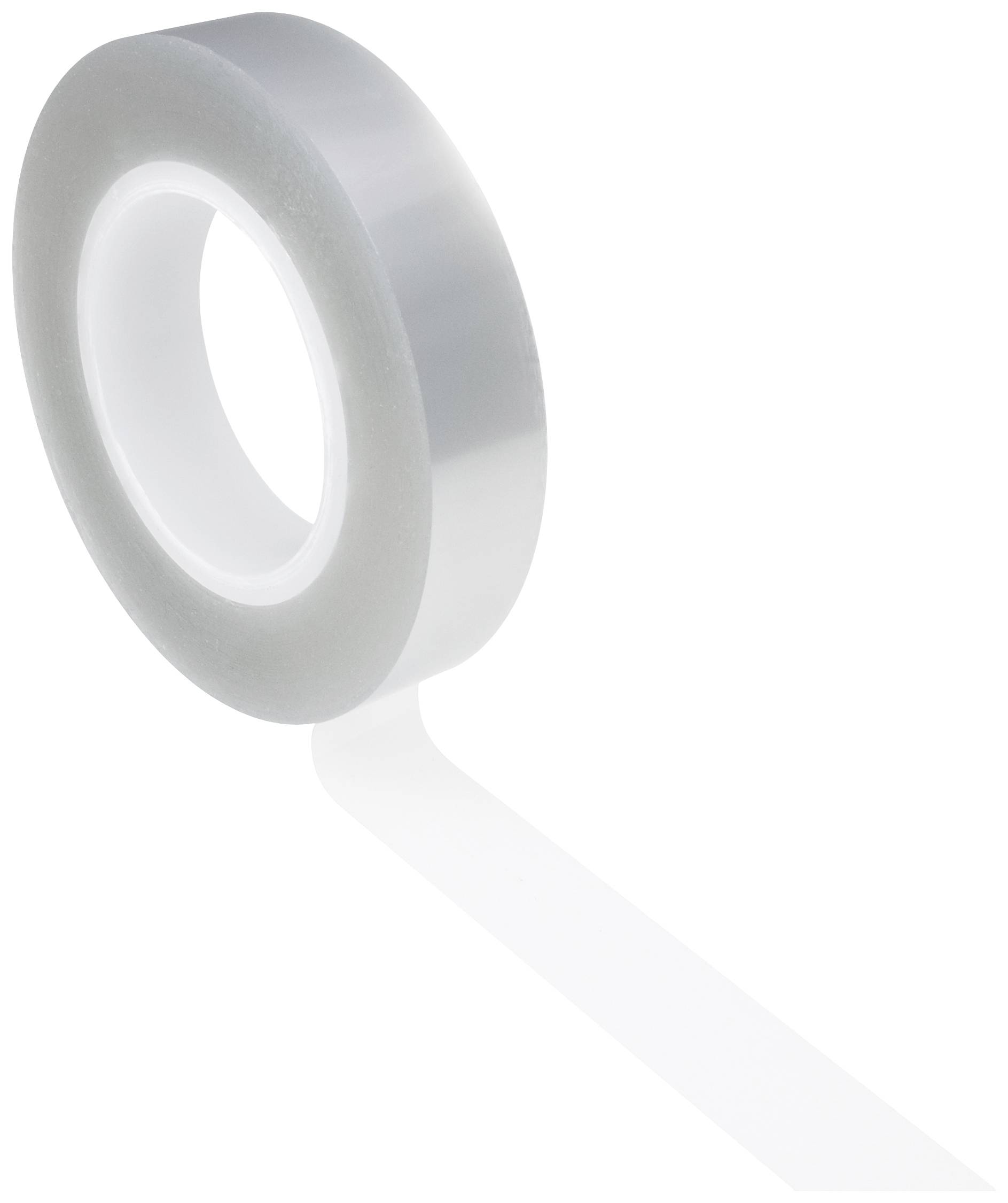 Eine Rolle transparentes Klebeband auf weißem Hintergrund. Die Rolle ist teilweise abgerollt und das Klebeband zieht sich nach unten.