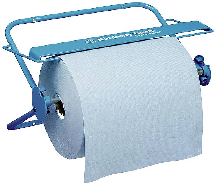 Großes blaues Papierhandtuch auf einem Metallständer, bereit zum Abrollen und Herausreißen von Tüchern.