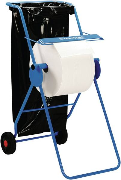 Wagen mit großer Papierrollenhalterung, schwarzer Müllsack im Hintergrund, auf zwei Rädern. Ideal für industrielle Anwendungen.