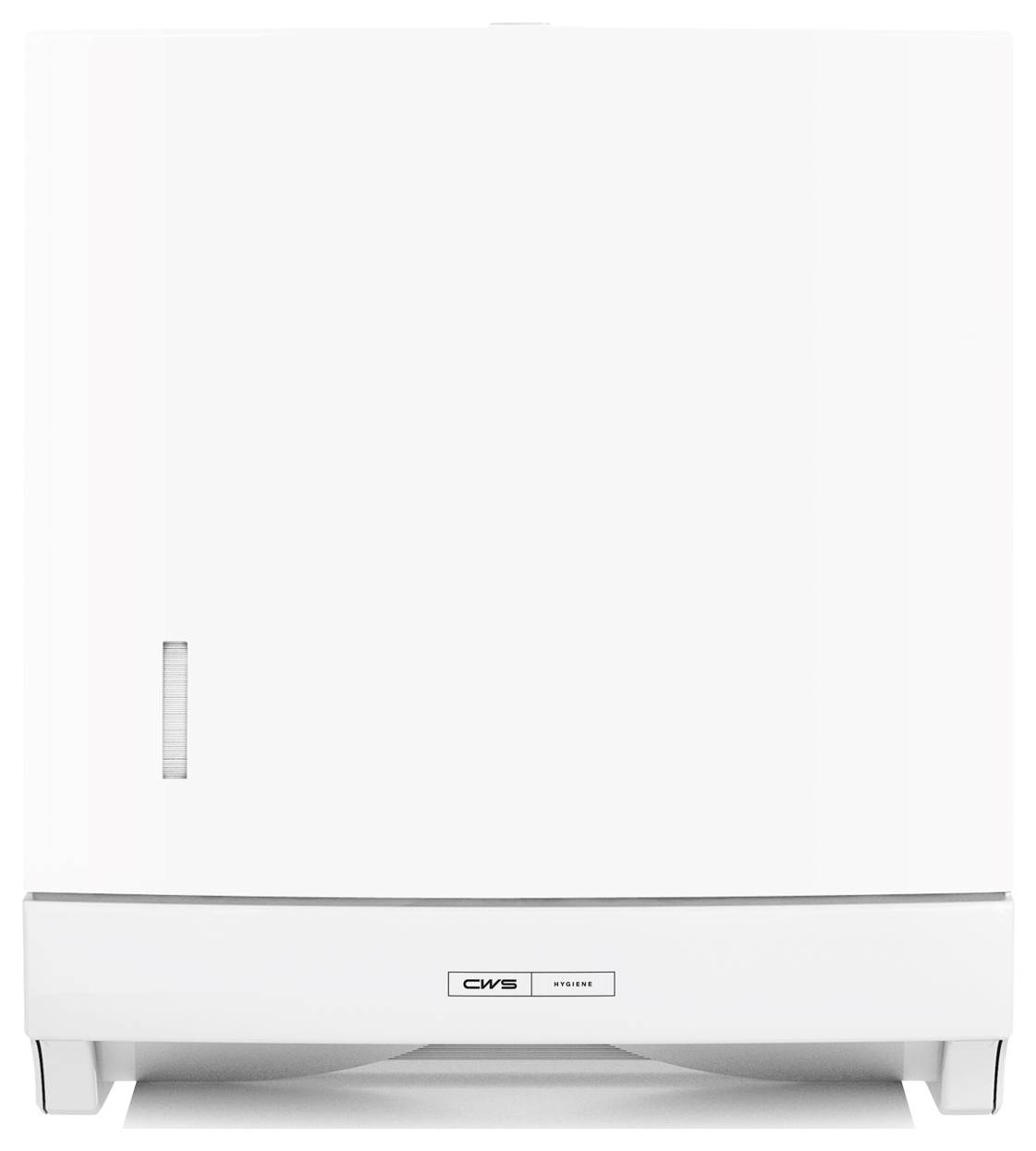 Ein weißer automatischer Papierhandtuchspender, der an einer weißen Wand montiert ist und die Marke 'CWS' zeigt.