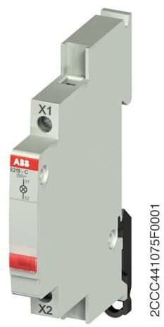 Ein elektrisches Gerät von ABB, Modell E219-C, in grau. Es hat zwei Anschlüsse, X1 und X2, und ist schlank und rechteckig geformt.