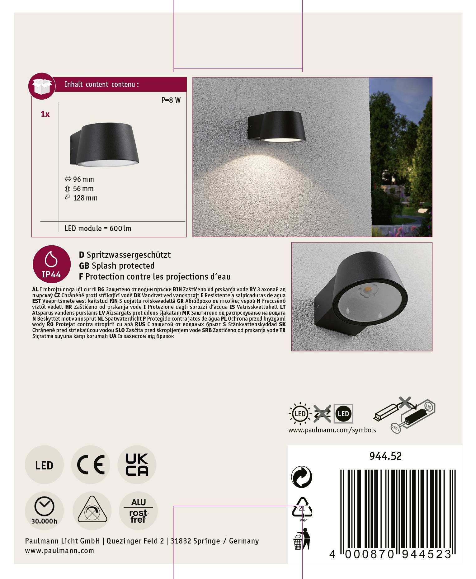 Paulmann Capea 94452 LED-Außenwandleuchte 6W Grau