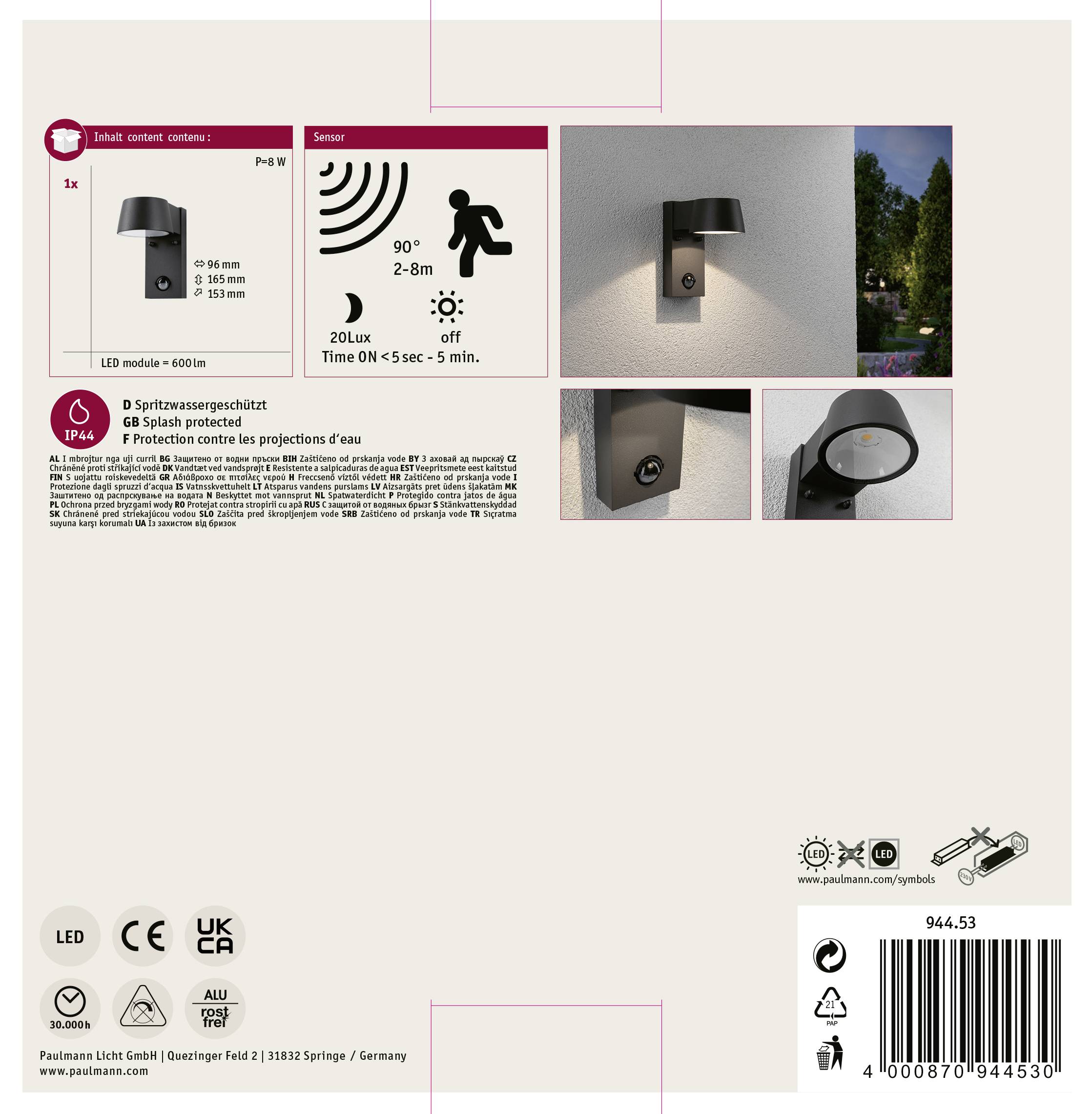 Paulmann Capea 94453 LED-Außenwandleuchte mit Bewegungsmelder 6W Grau