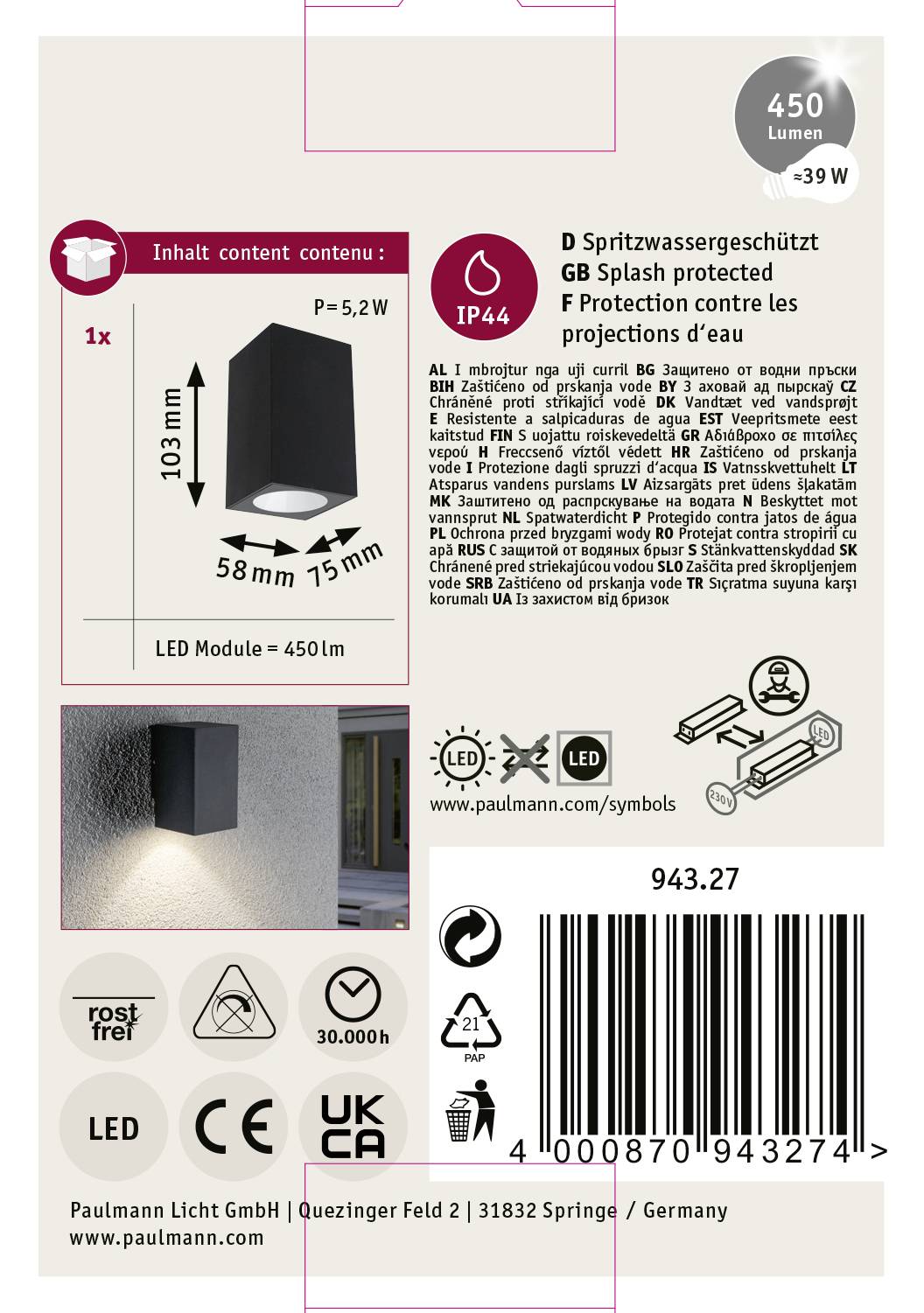 Paulmann Flame 94327 LED-Außenwandleuchte 3.8W Anthrazit