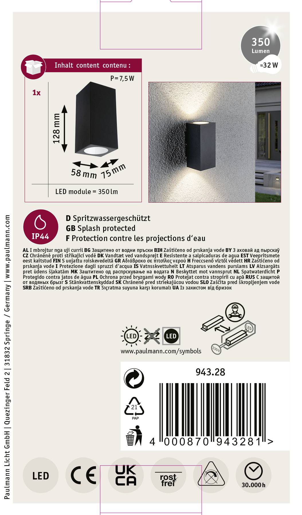 Paulmann Flame 94328 LED-Außenwandleuchte 5.6W Anthrazit