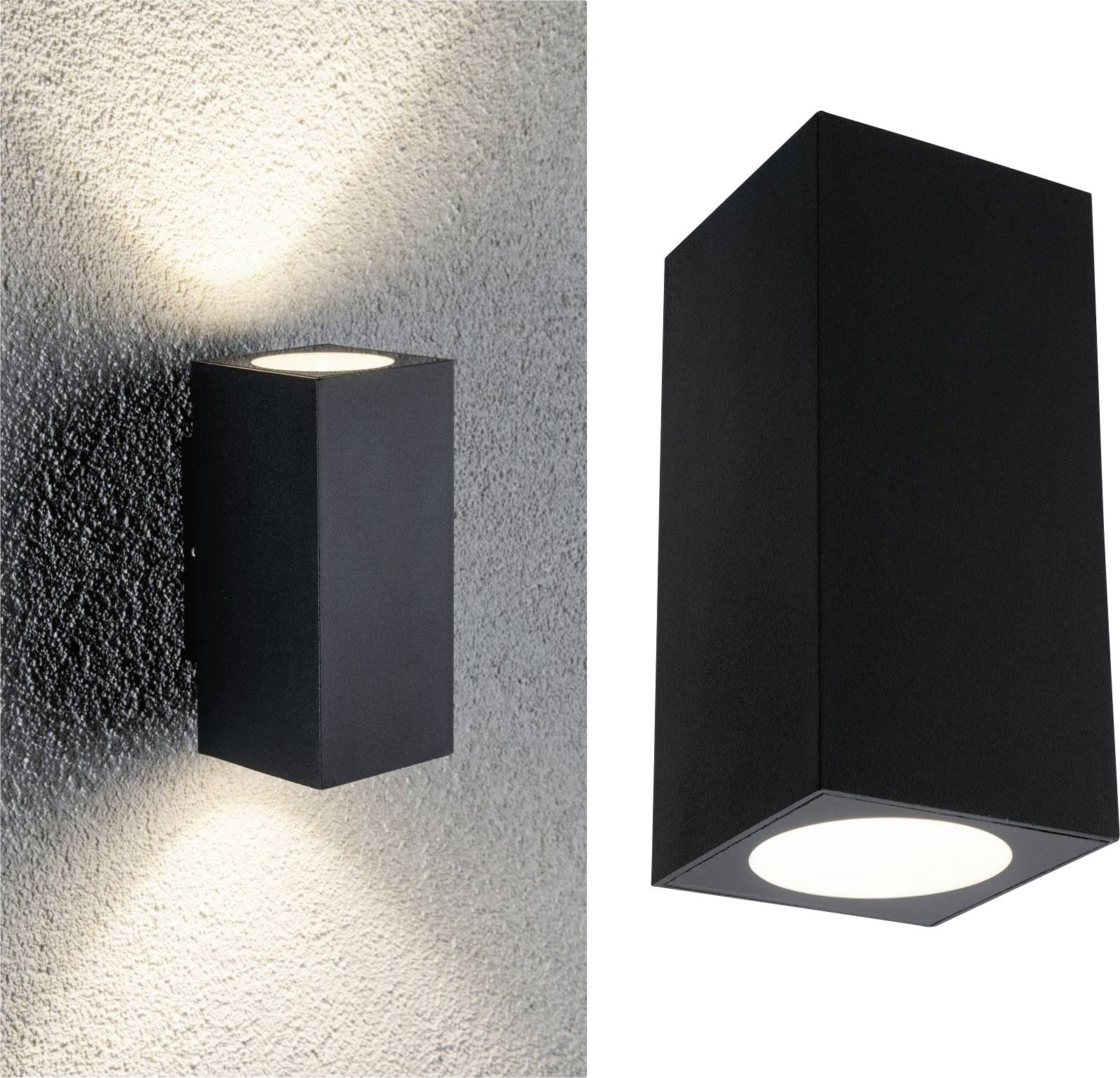 Eine schwarze, rechteckige Wandleuchte mit Lichtkegel, die nach oben und unten an der Wand strahlt.