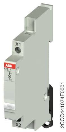 Ein grauer elektrischer Schalter von ABB, Modell E 219-B, mit den Anschlüssen X1 und X2, in vertikaler Position dargestellt.