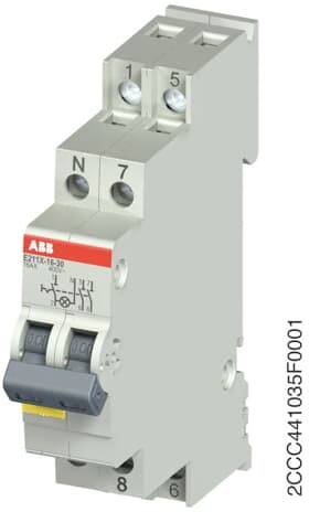 Elektrischer Leitungsschutzschalter, grau, mit rotem ABB-Logo. Zeigt Schalterhebel und Anschlüsse. Modellnummer '2CCG441035F0001' sichtbar.