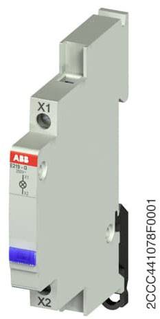 Ein schmaler, grauer elektrischer Schaltaktor von ABB, Modell E219-0. Sichtbar sind die Klemmen X1 und X2 sowie die Beschriftung an der Seite.