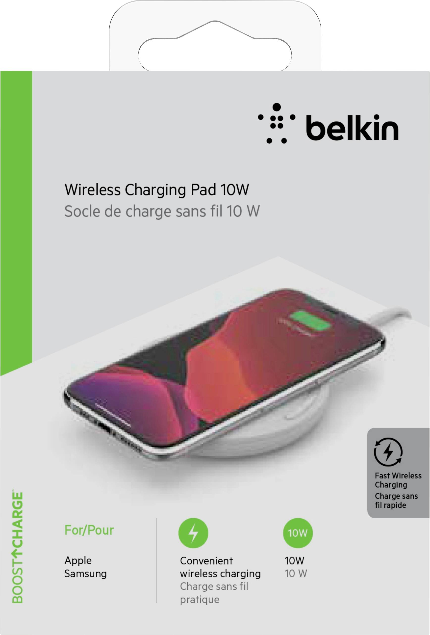 Eine Verpackung mit einem kabellosen Ladegerät abgebildet, kompatibel mit Apple und Samsung, inklusive 10W Ladepad mit Smartphone.