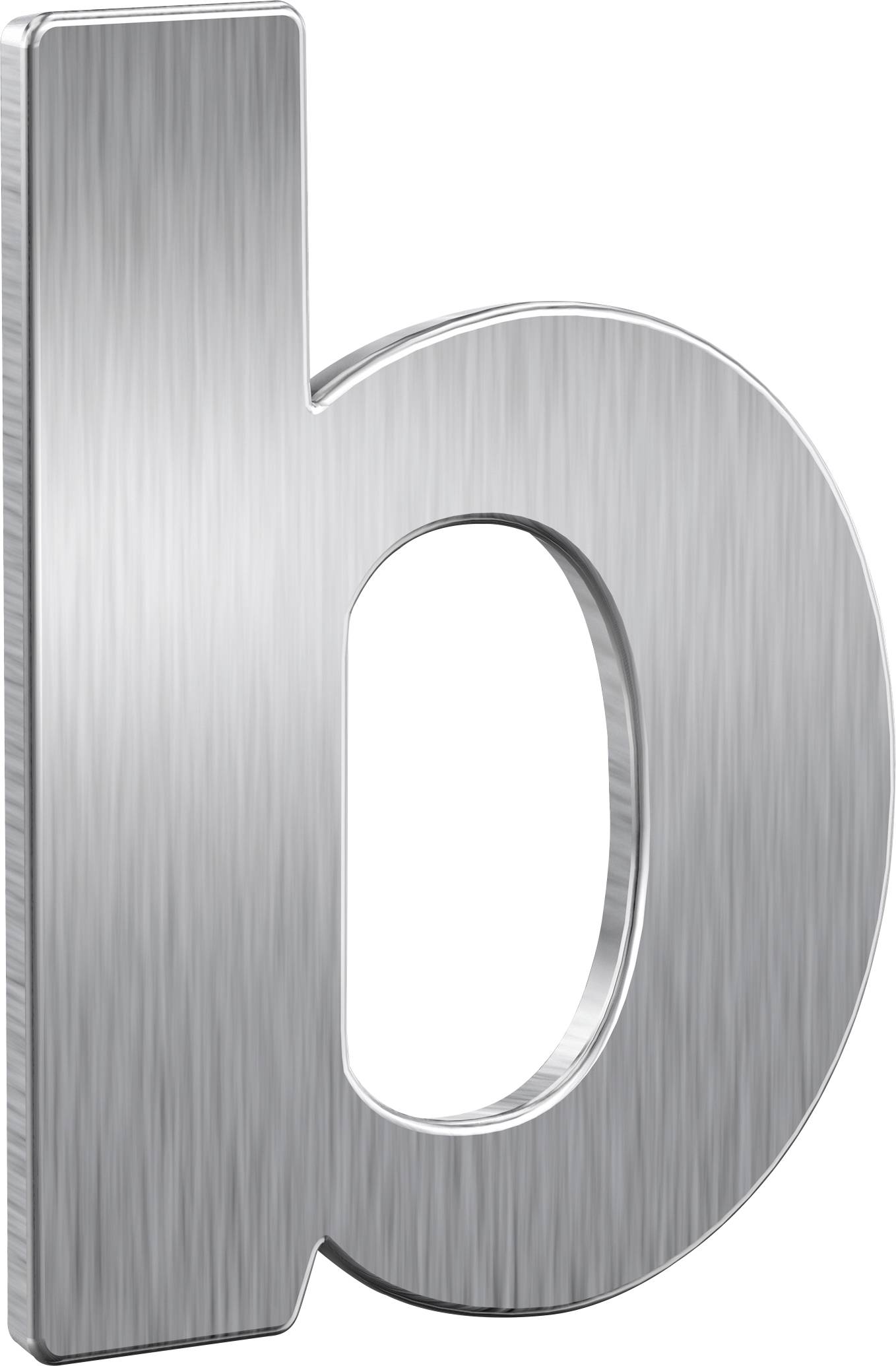 Silberner, metallischer Buchstabe 'b' in moderner, schlichter Ausführung, dargestellt schräg von der Seite.