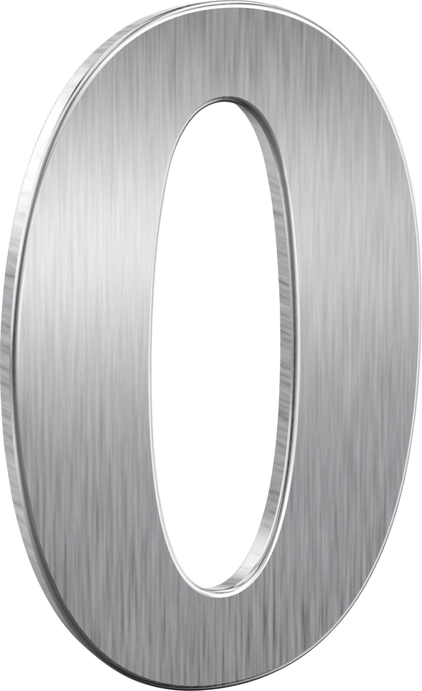 Eine glänzende, metallisch-silberne Null steht aufrecht und zeigt eine gebürstete Textur.