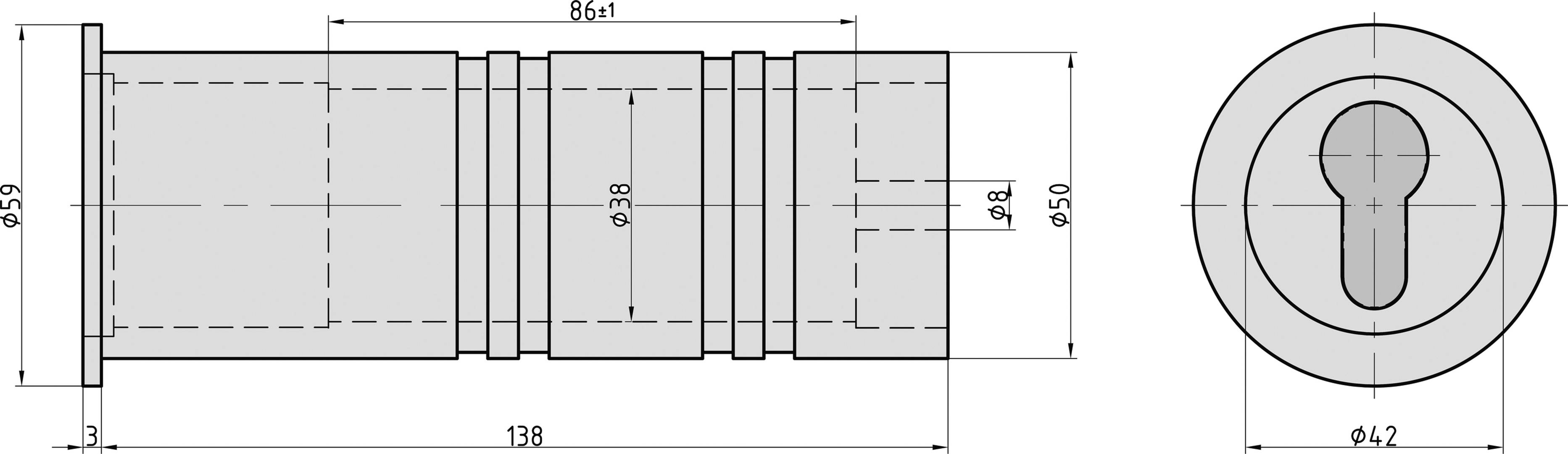 Technische Zeichnung eines zylindrischen Metallteils mit markierten Abmessungen in Millimetern; Seiten- und Vorderansicht.