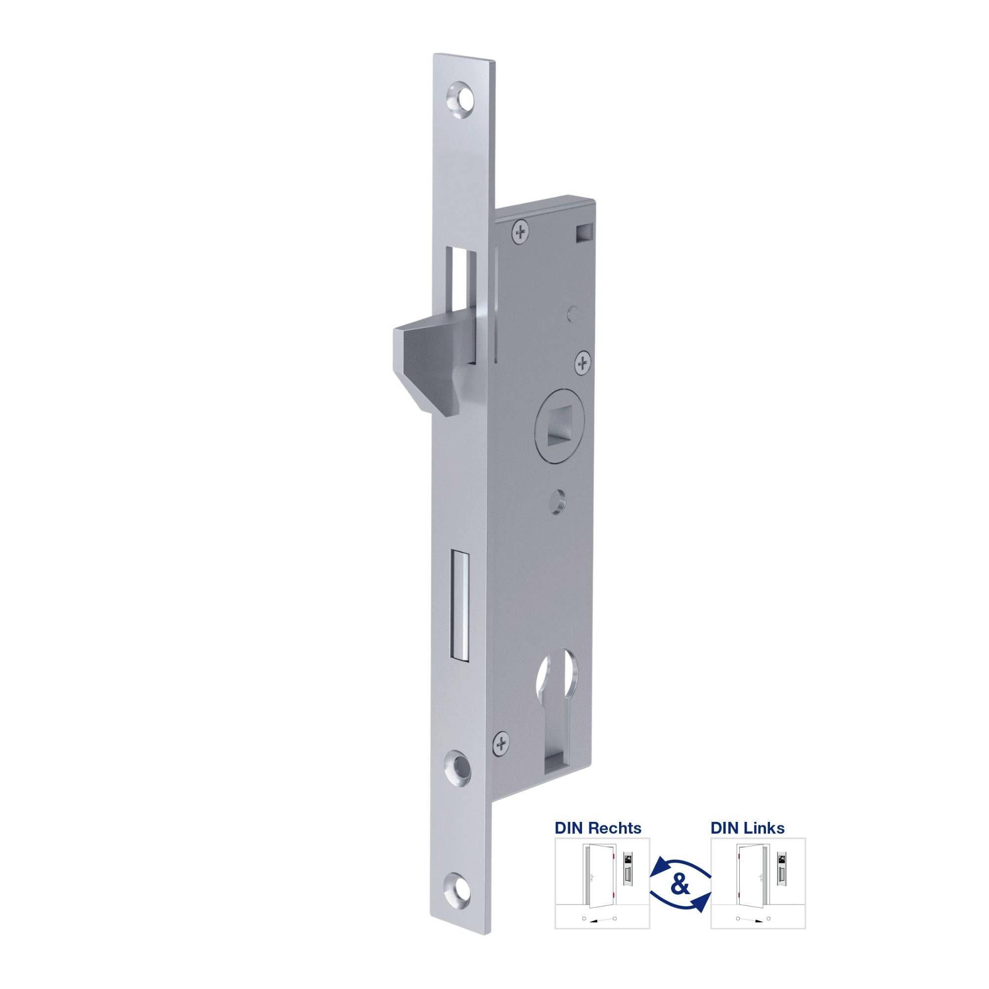 Türschloss mit rechteckiger Metallplatte und Riegel. Abbildung zeigt DIN-Richtung rechts und links für Montagehinweise.