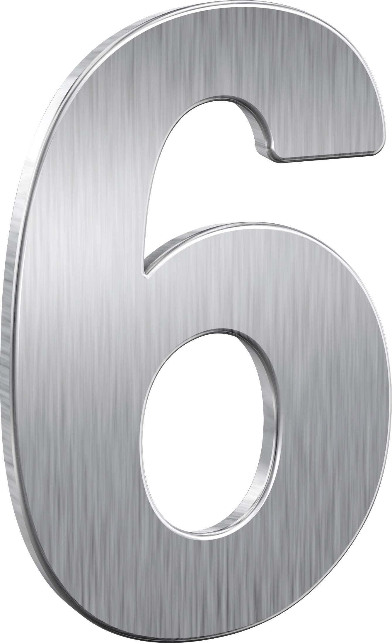 Eine glänzende, metallische Zahl '6' erscheint dreidimensional und leicht geneigt auf einem weißen Hintergrund.