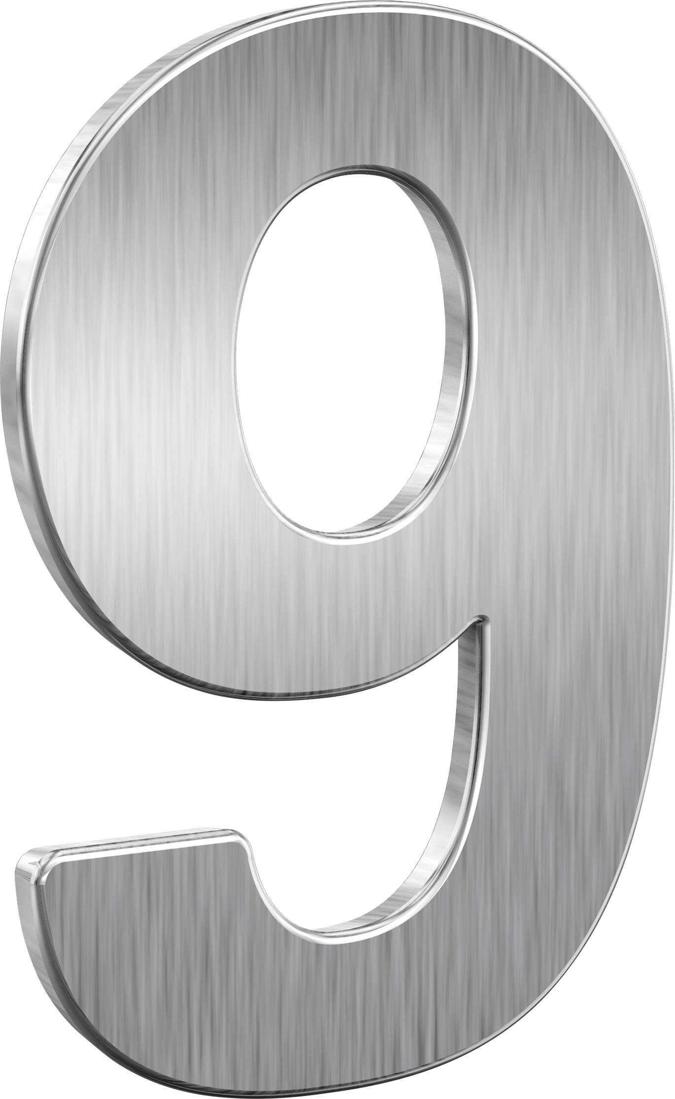 Metallene Zahl 9, in silberner Farbe, mit gebürsteter Oberfläche.