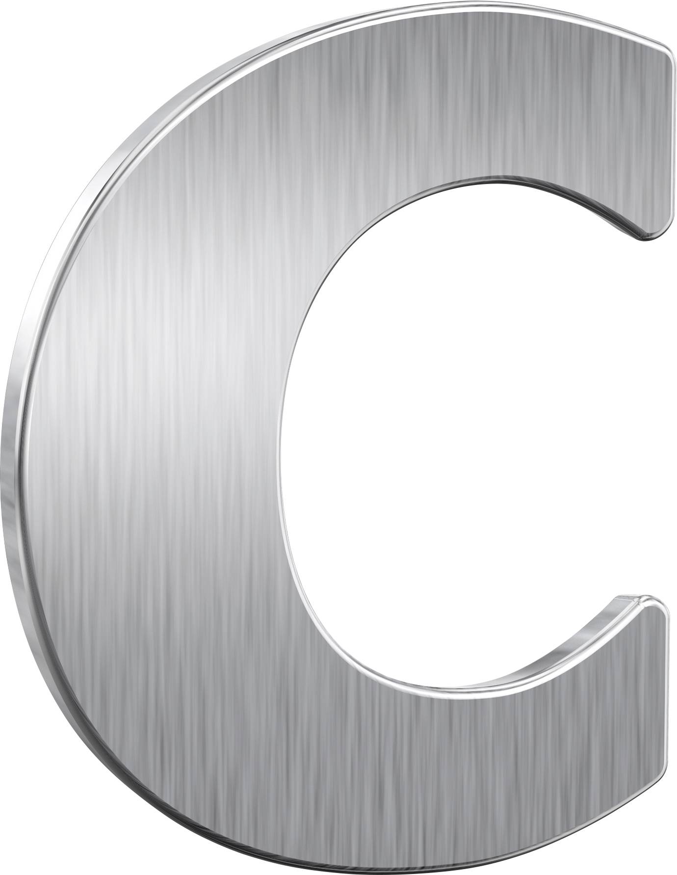 Silberner, metallischer Buchstabe 'C' auf weißem Hintergrund.